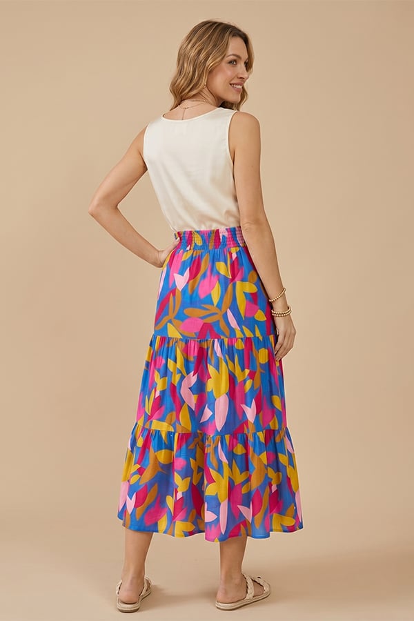 Floral Boho Maxi Skirt for Women – Flowing Tiered Pleated Design with Elastic Waist