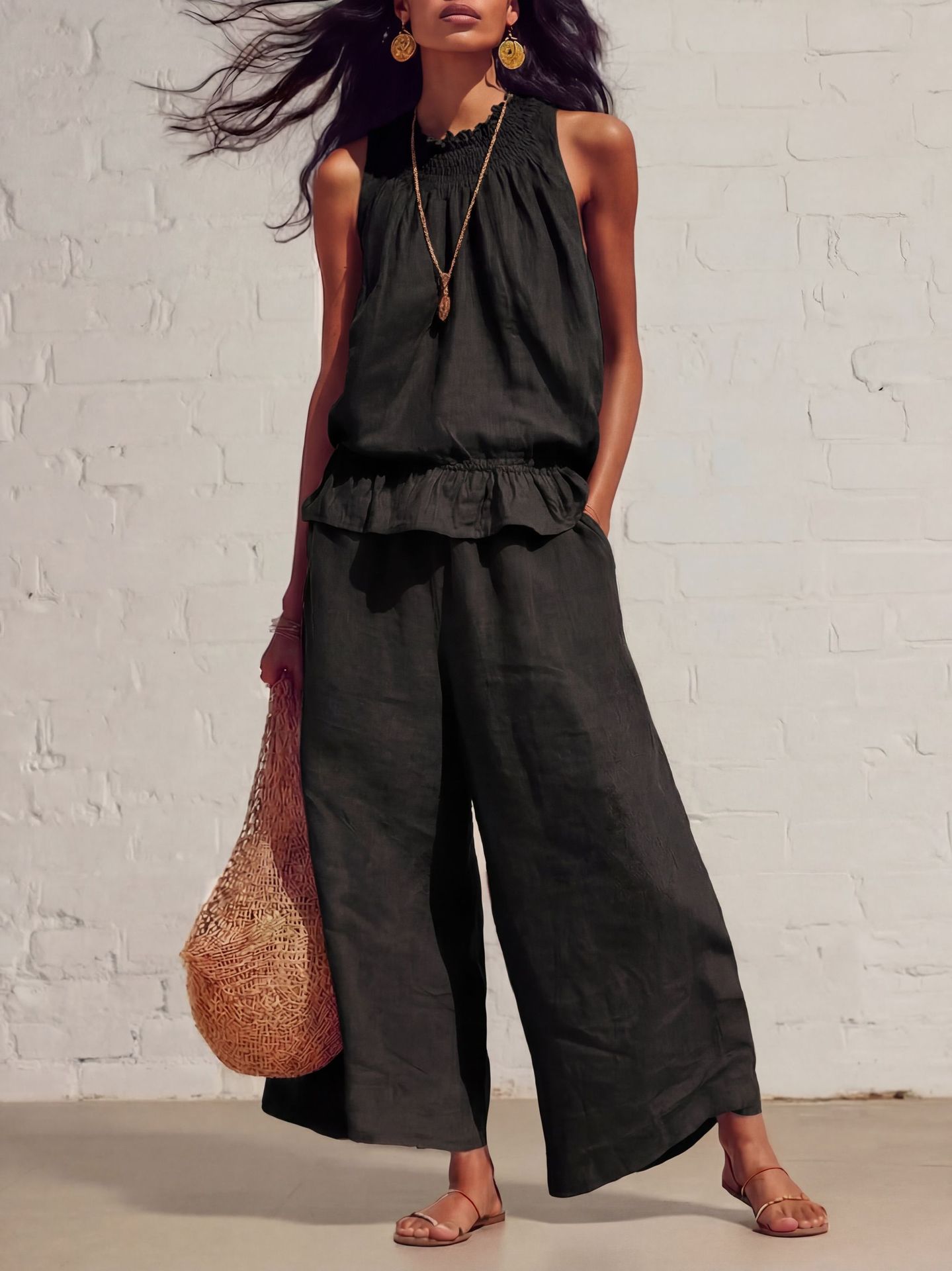 Women’s Sleeveless Linen Blend Two-Piece Set