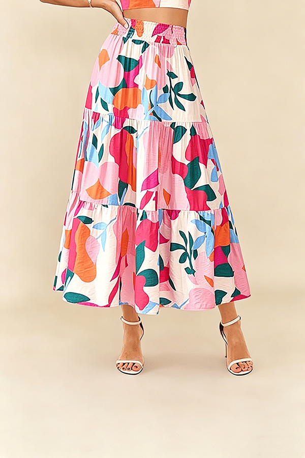 Floral Boho Maxi Skirt for Women – Flowing Tiered Pleated Design with Elastic Waist