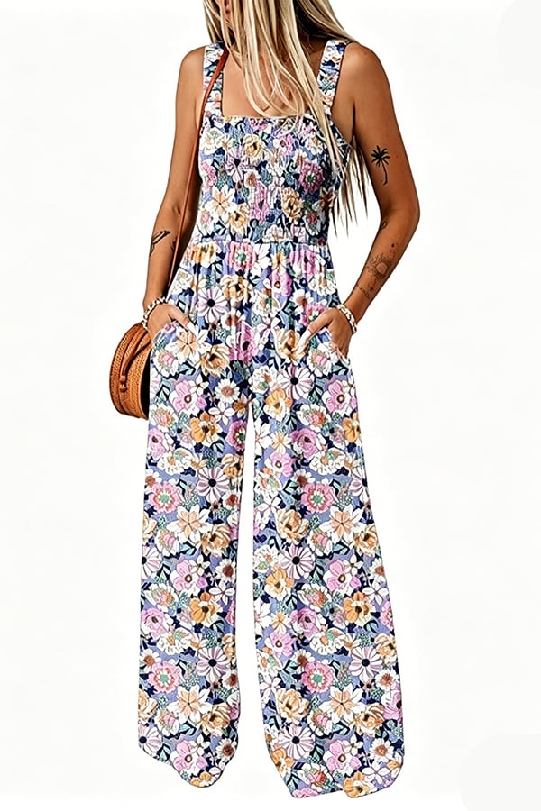 Women’s Sleeveless Printed Wide-Leg Jumpsuit with Pockets