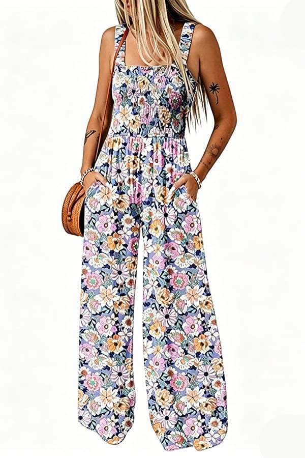 Women’s Sleeveless Printed Wide-Leg Jumpsuit with Pockets