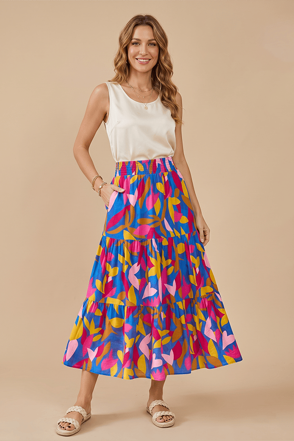 Floral Boho Maxi Skirt for Women – Flowing Tiered Pleated Design with Elastic Waist
