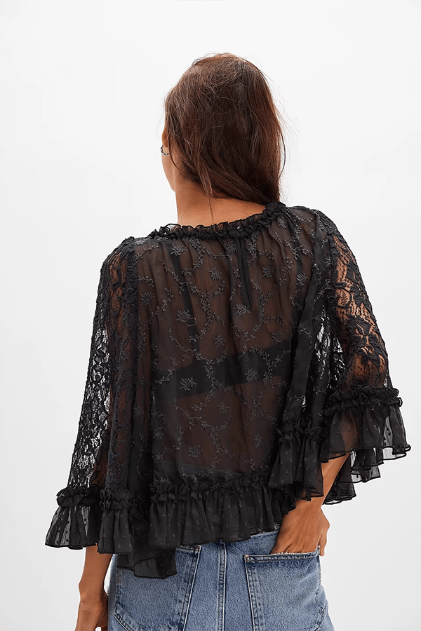 Women's Lace Sheer Top — Semi-Sheer, Draped, Openwork Shirt (Ruffled Sleeves)