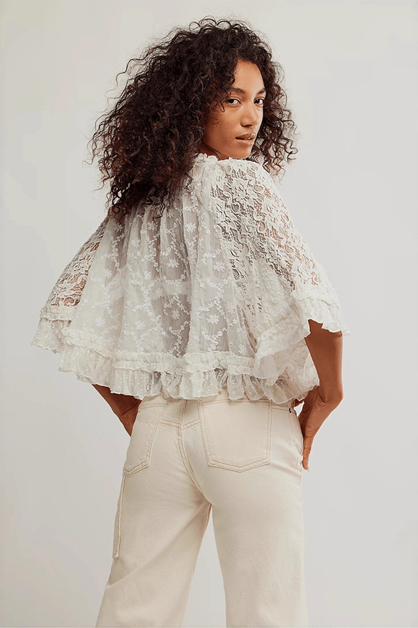 Women's Lace Sheer Top — Semi-Sheer, Draped, Openwork Shirt (Ruffled Sleeves)