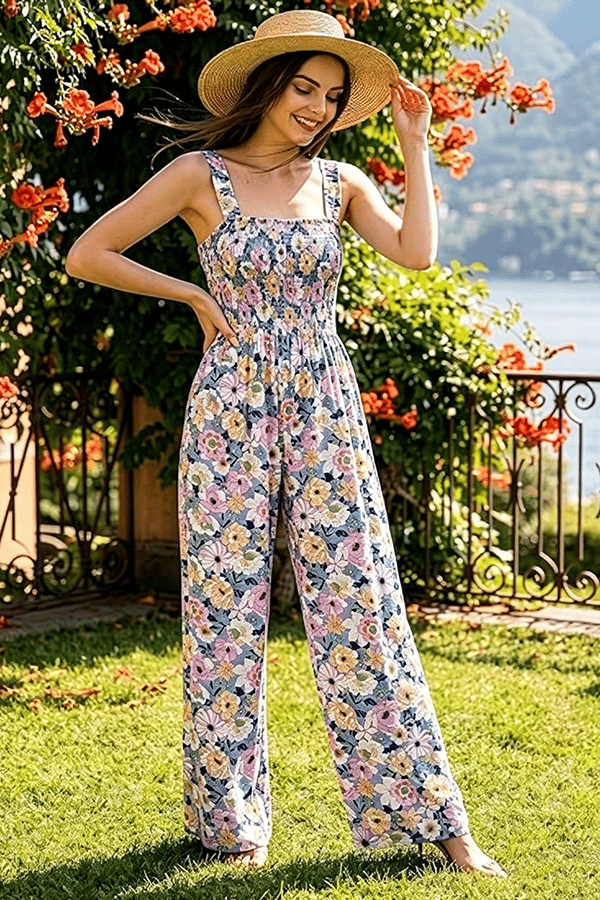 Women’s Sleeveless Printed Wide-Leg Jumpsuit with Pockets