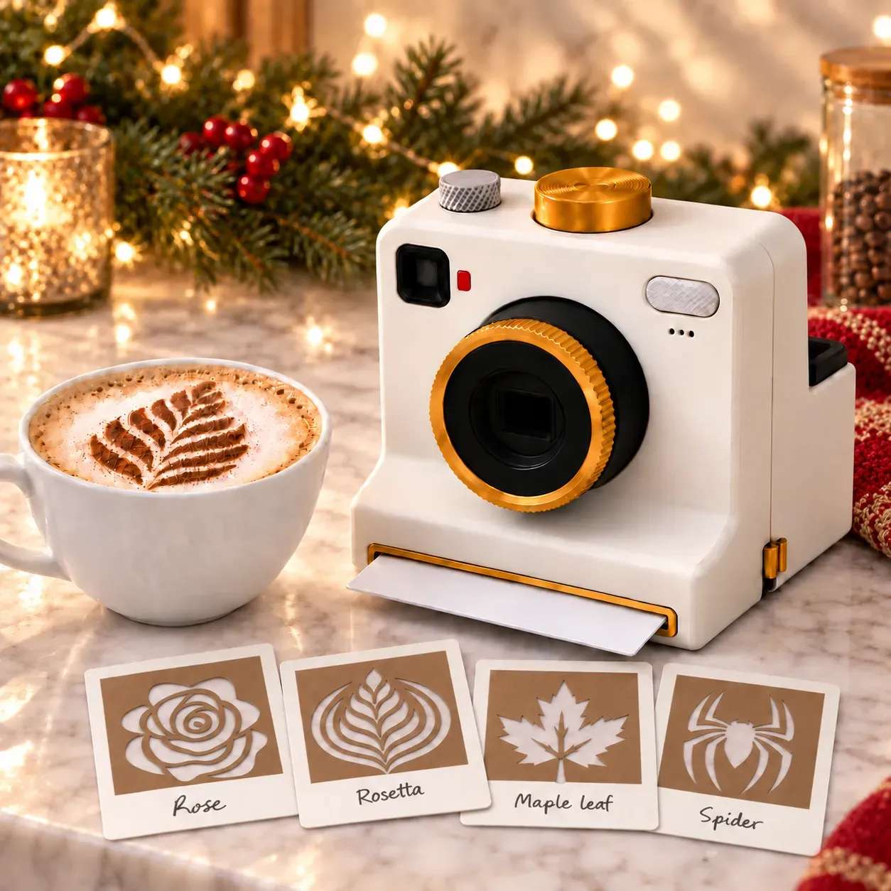 Witte koffiekunstcamera met vier sjabloonkaarten