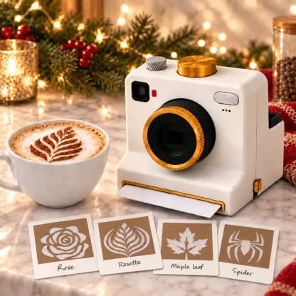 Witte koffiekunstcamera met vier sjabloonkaarten