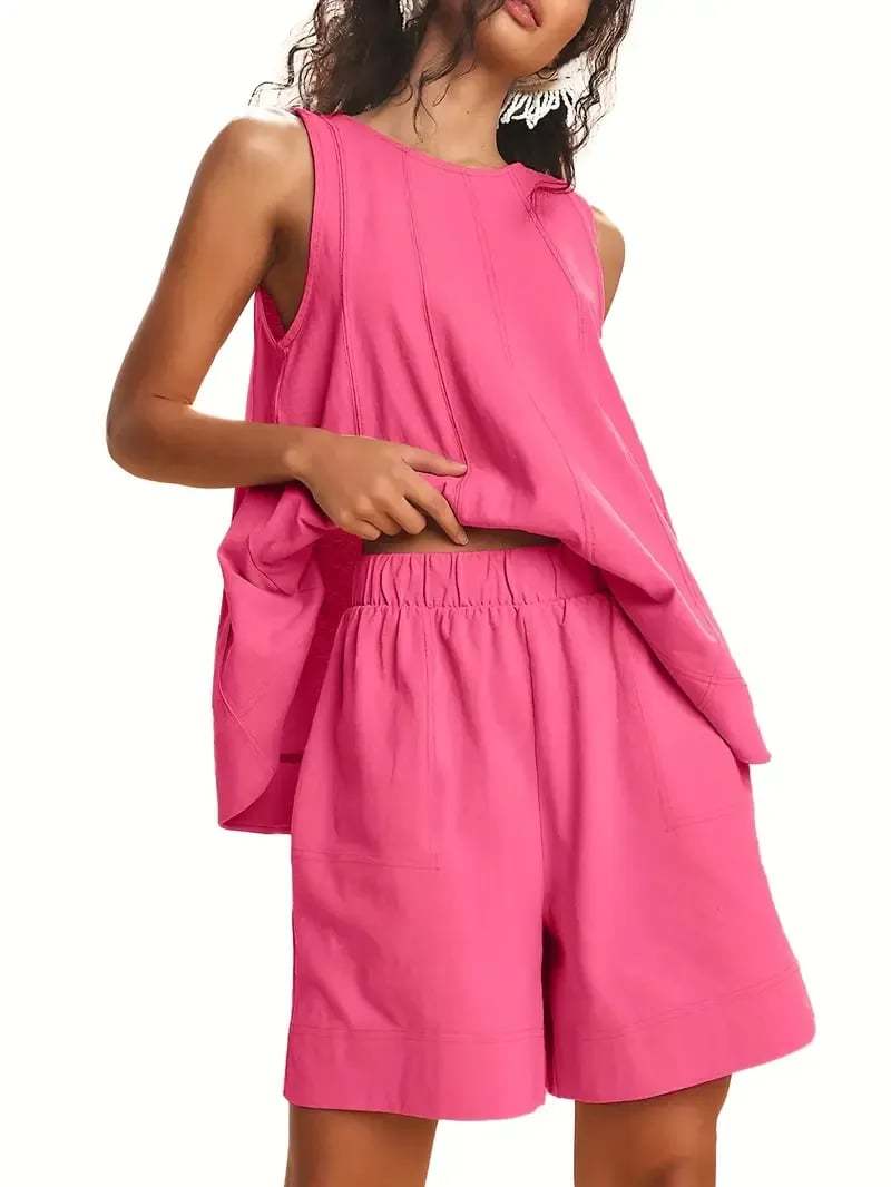 Women's Two Piece Outfit Cotton Matching Set  A-Line Sleeveless Tank Tops and High-Waist Shorts with Pockets