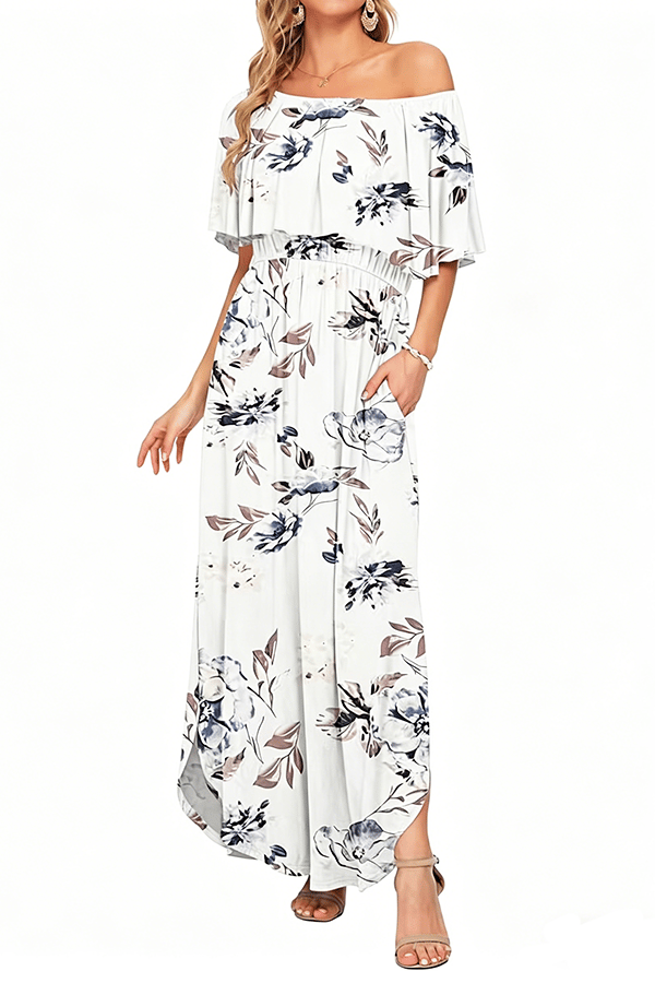 Women’s Off-Shoulder Boho Maxi Dress with Ruffle Sleeves & Side Slit