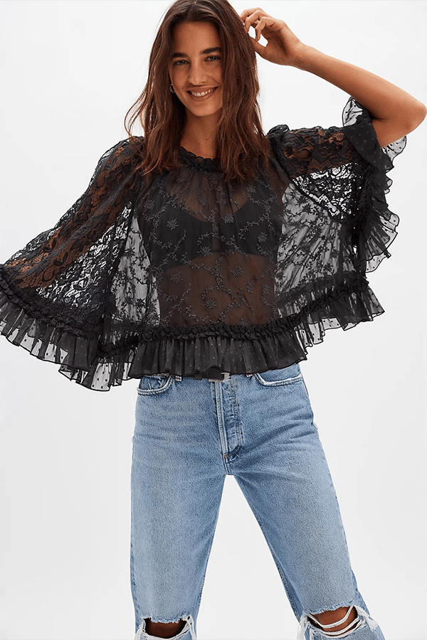 Women's Lace Sheer Top — Semi-Sheer, Draped, Openwork Shirt (Ruffled Sleeves)