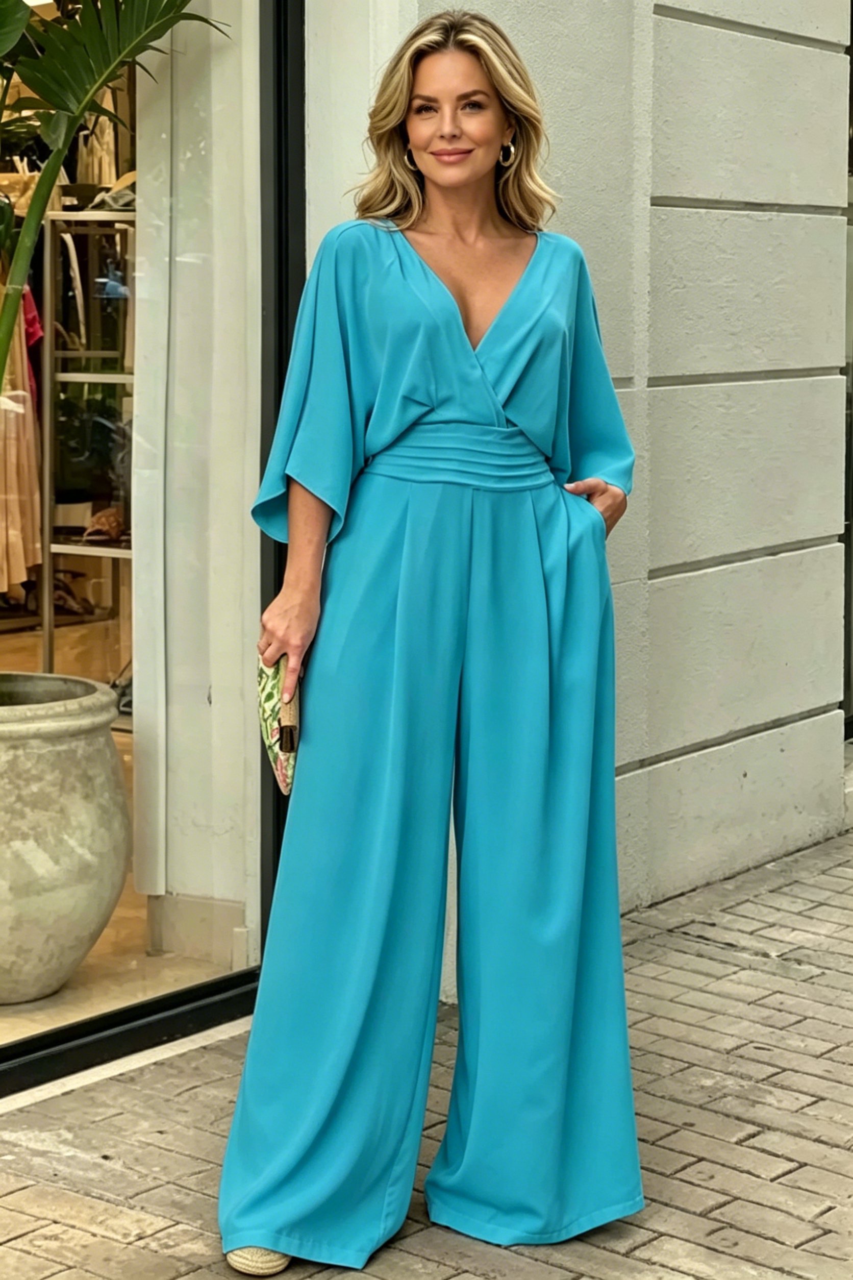 Elegant Solid Color V-Neck Jumpsuit – Effortless Style for Every Occasion