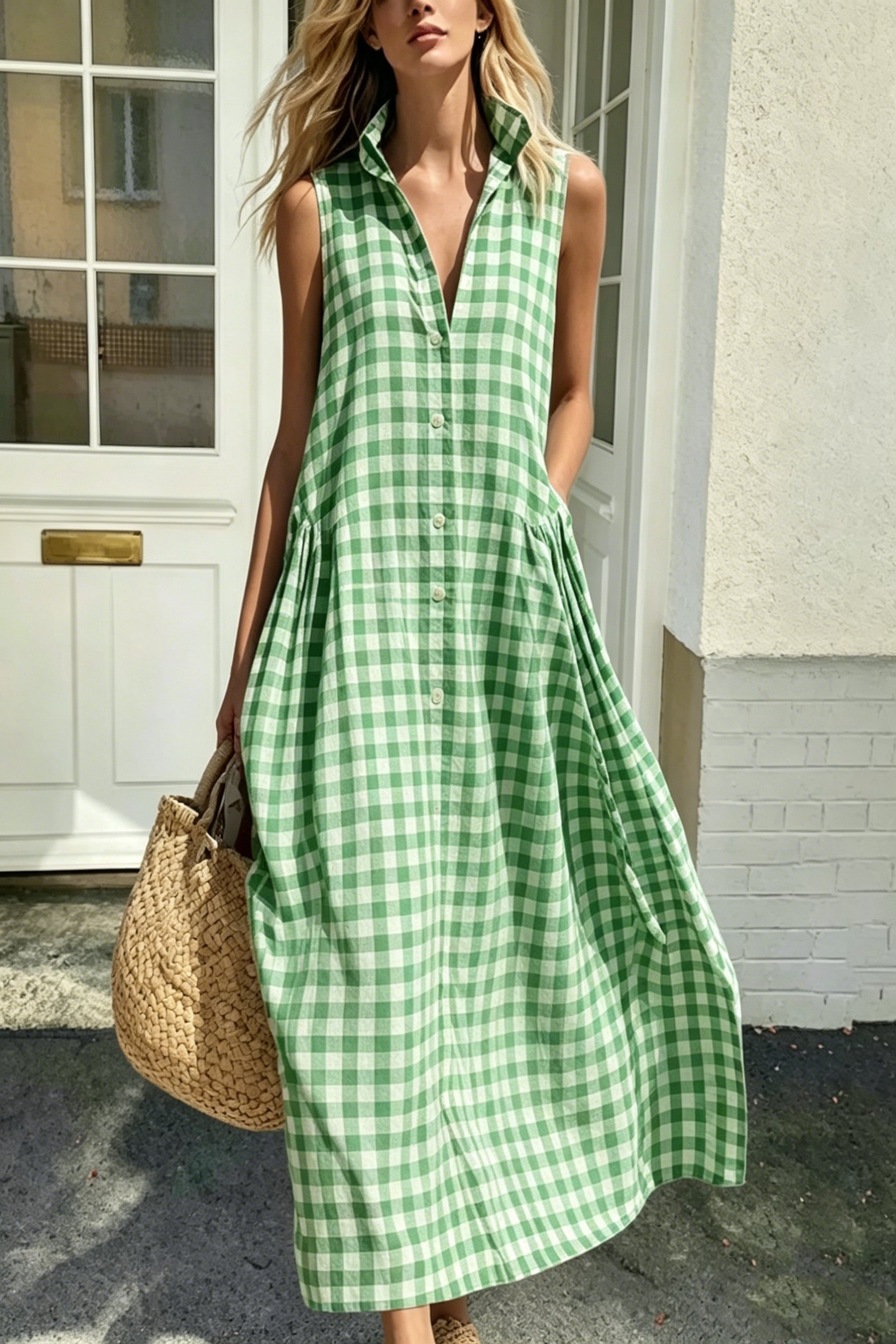 Women's Plaid Sleeveless Maxi Dress with Pockets