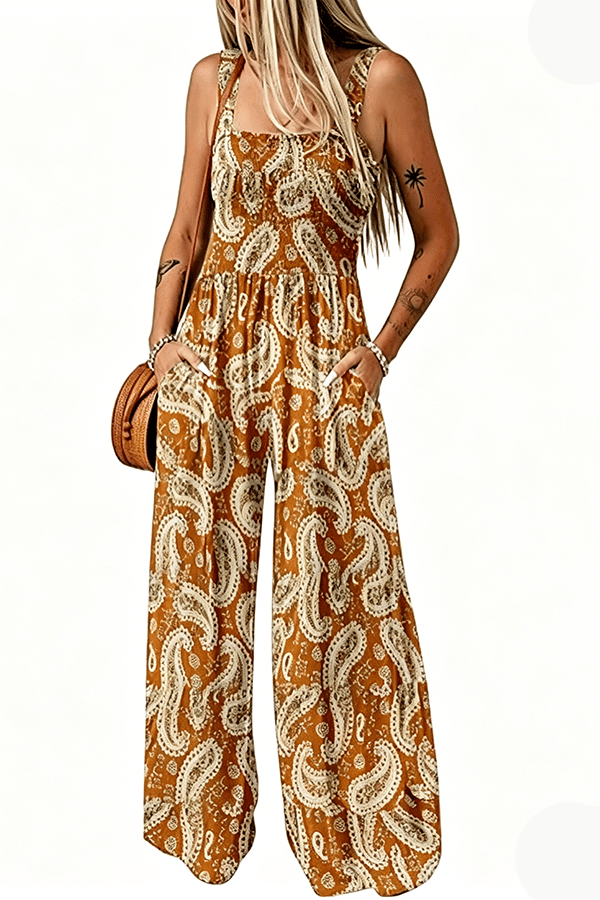 Women’s Sleeveless Printed Wide-Leg Jumpsuit with Pockets
