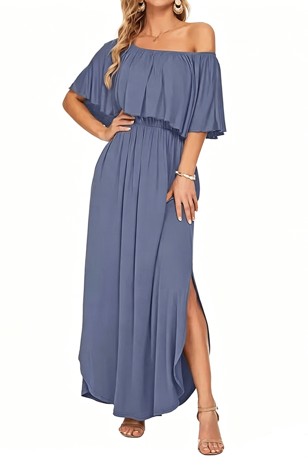 Women’s Off-Shoulder Boho Maxi Dress with Ruffle Sleeves & Side Slit