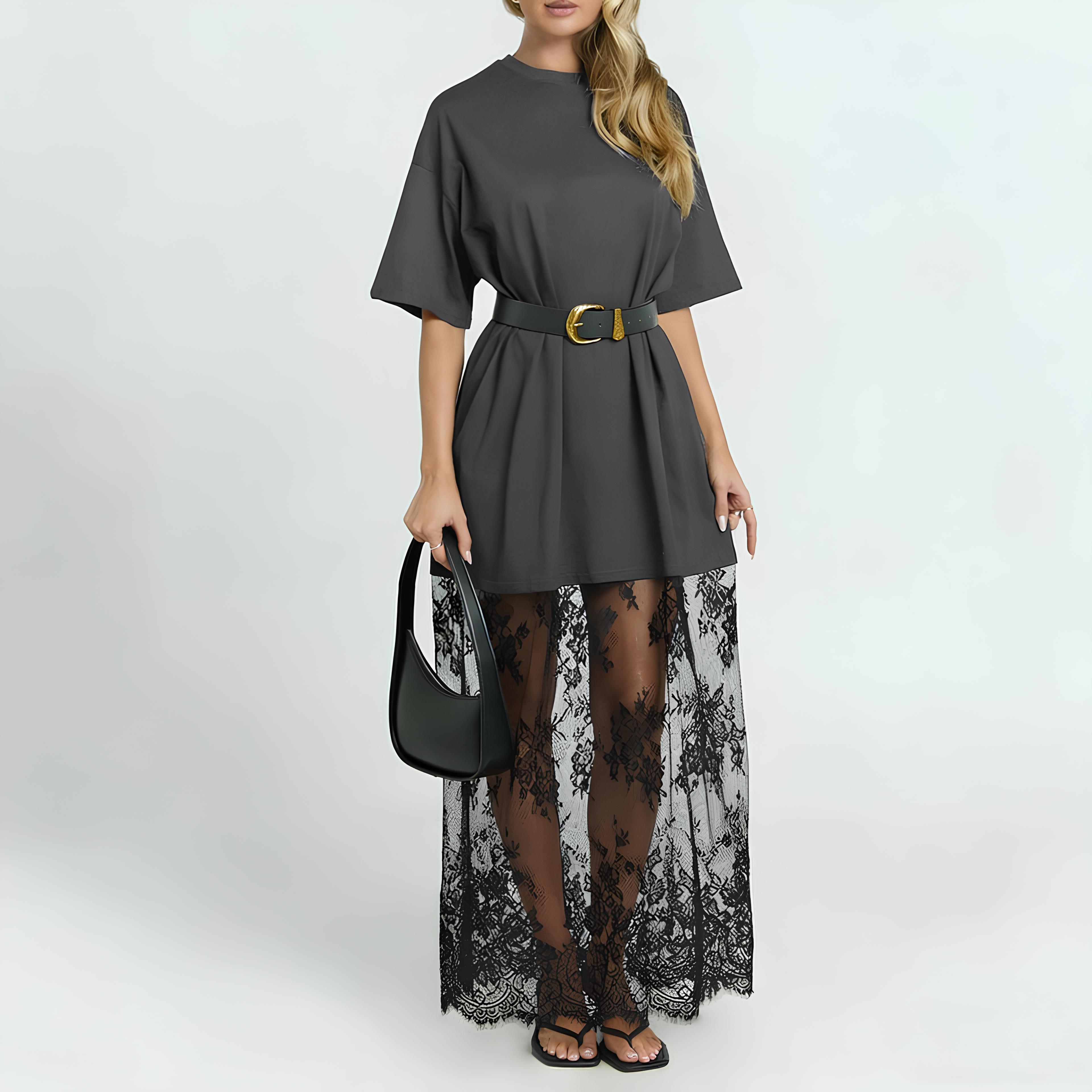 Relaxed and comfortable long lace-trimmed T-shirt dress(Buy 2 Set— Save $10 & Enjoy Free Shipping)