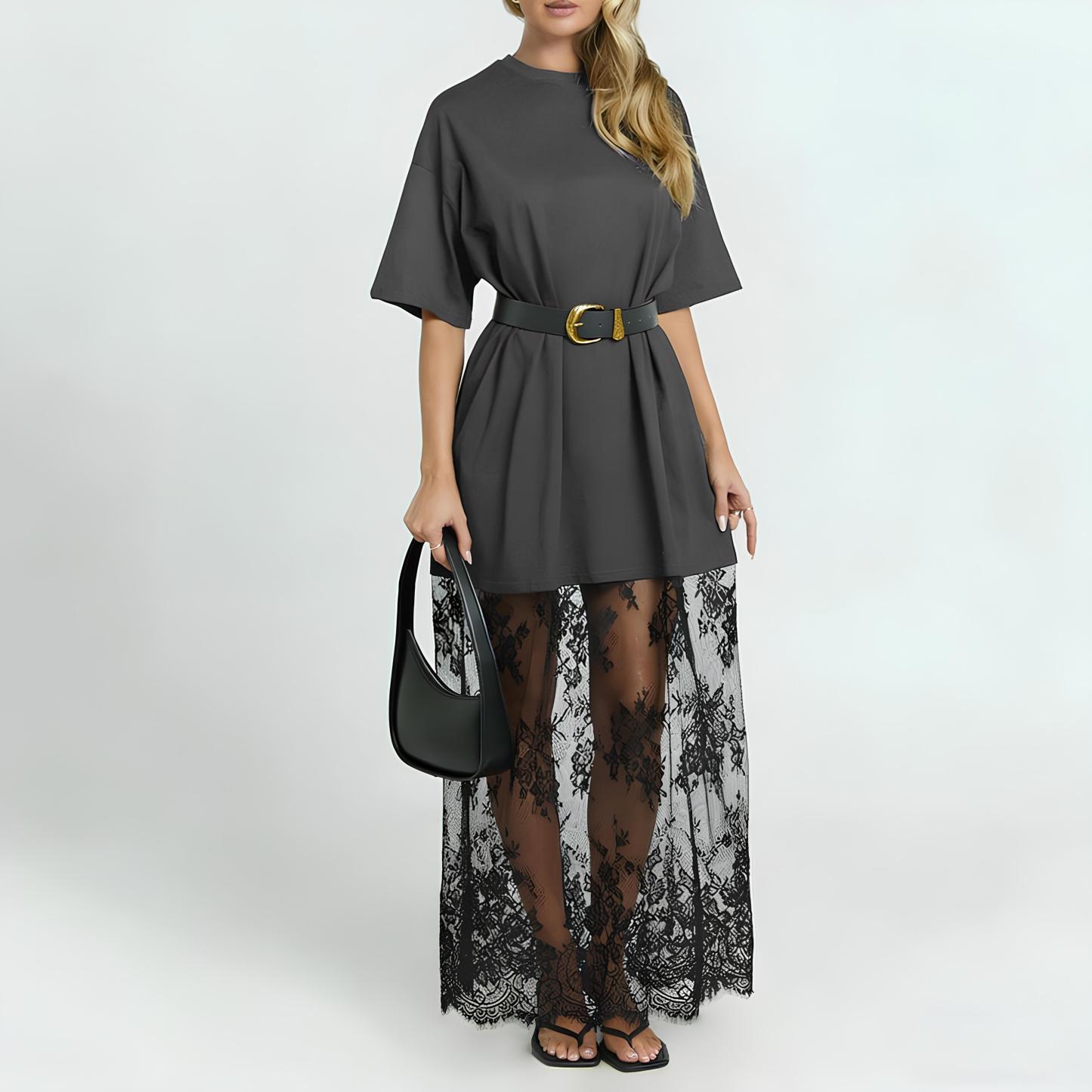 Relaxed and comfortable long lace-trimmed T-shirt dress(Buy 2 Set— Save $10 & Enjoy Free Shipping)