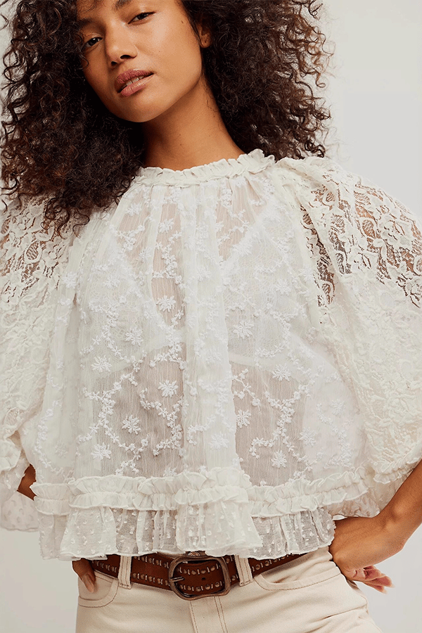 Women's Lace Sheer Top — Semi-Sheer, Draped, Openwork Shirt (Ruffled Sleeves)