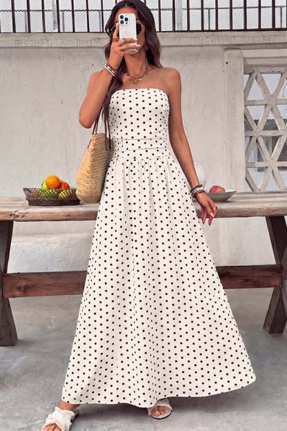 Women's Polka-Dot Strapless Maxi Dress — Summer Shirred Tube Top