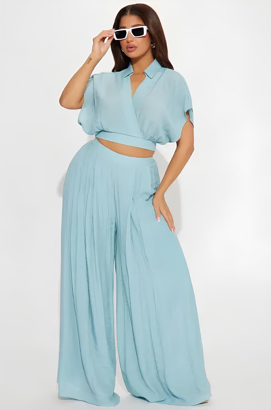 Effortless Summer 2-Piece Wrap Crop Top & Wide Leg Pants Set