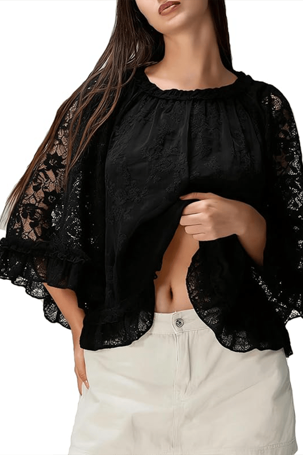 Women's Lace Sheer Top — Semi-Sheer, Draped, Openwork Shirt (Ruffled Sleeves)