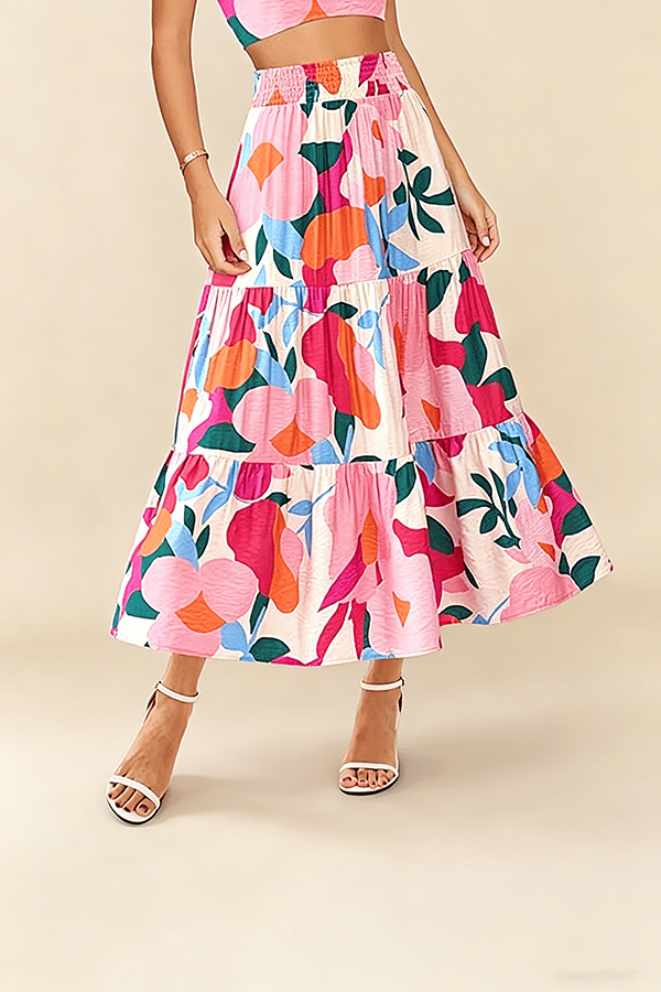 Floral Boho Maxi Skirt for Women – Flowing Tiered Pleated Design with Elastic Waist