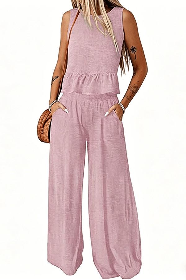 Women’s Sleeveless Two-Piece Pants Set – Wide Leg Matching Outfit