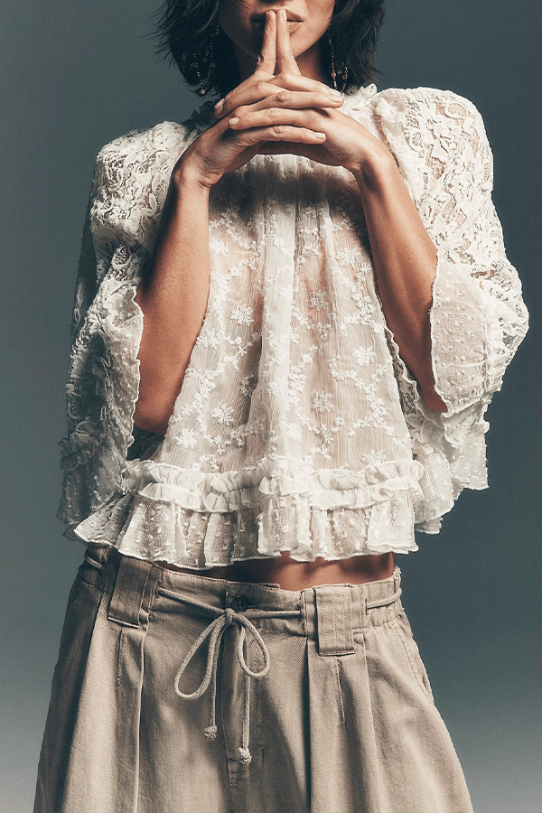 Women's Lace Sheer Top — Semi-Sheer, Draped, Openwork Shirt (Ruffled Sleeves)