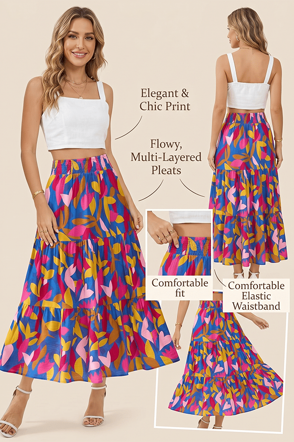 Floral Boho Maxi Skirt for Women – Flowing Tiered Pleated Design with Elastic Waist