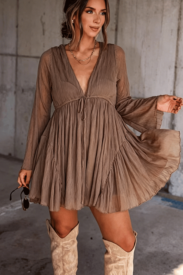 Women's Belted Long-Sleeve Short Dress(Buy 2 Free Shipping)