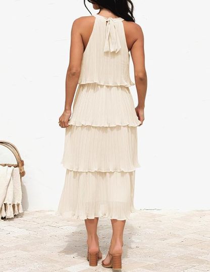 Halter Neck Tiered Pleated Midi Dress