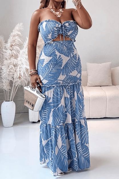 Strapless Leaf Print Maxi Dress