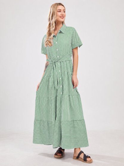 Women’s Striped Button-Front Tiered Maxi Dress