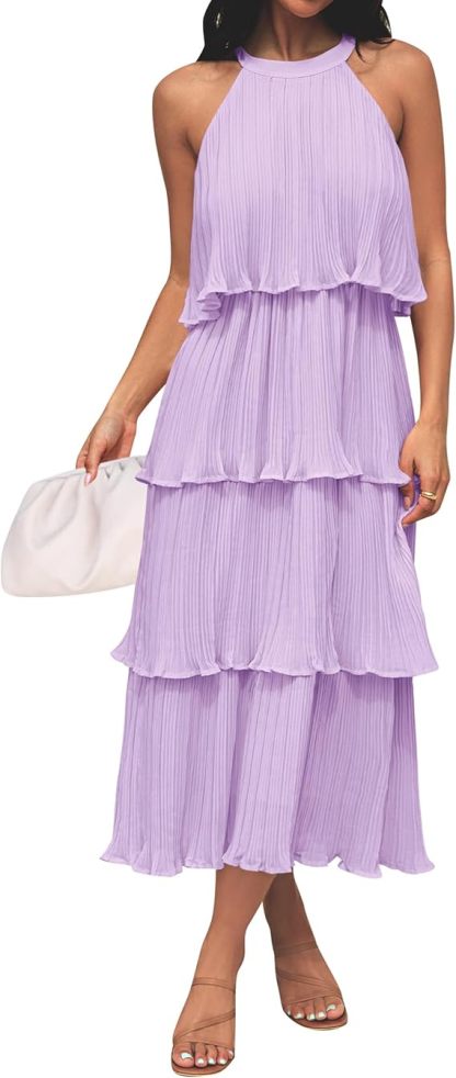 Halter Neck Tiered Pleated Midi Dress