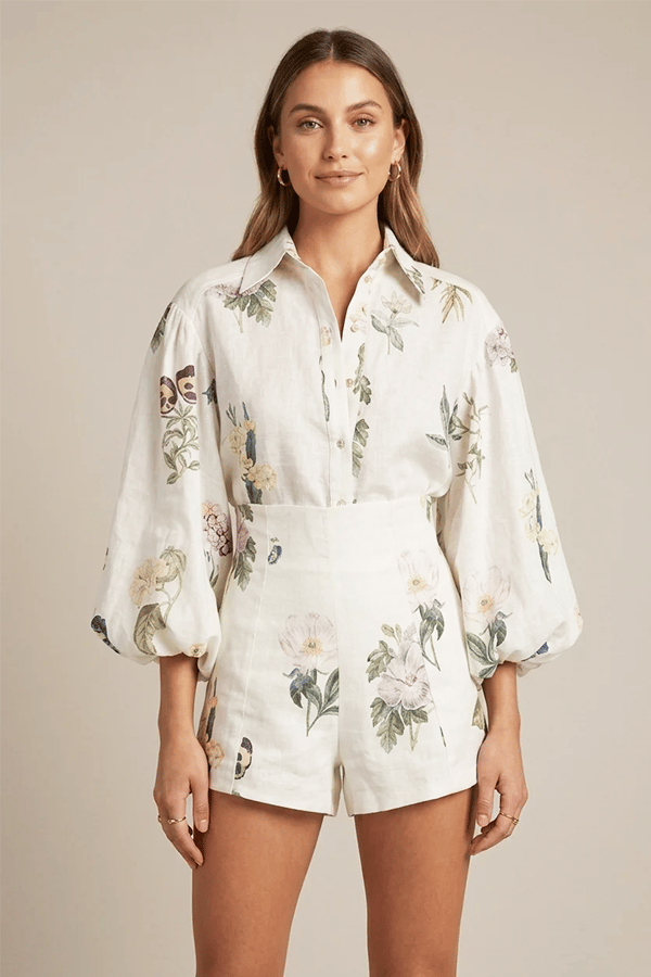 Women’s Embroidered Linen Two-Piece Set – Puff Sleeve Shirt & Shorts Outfit