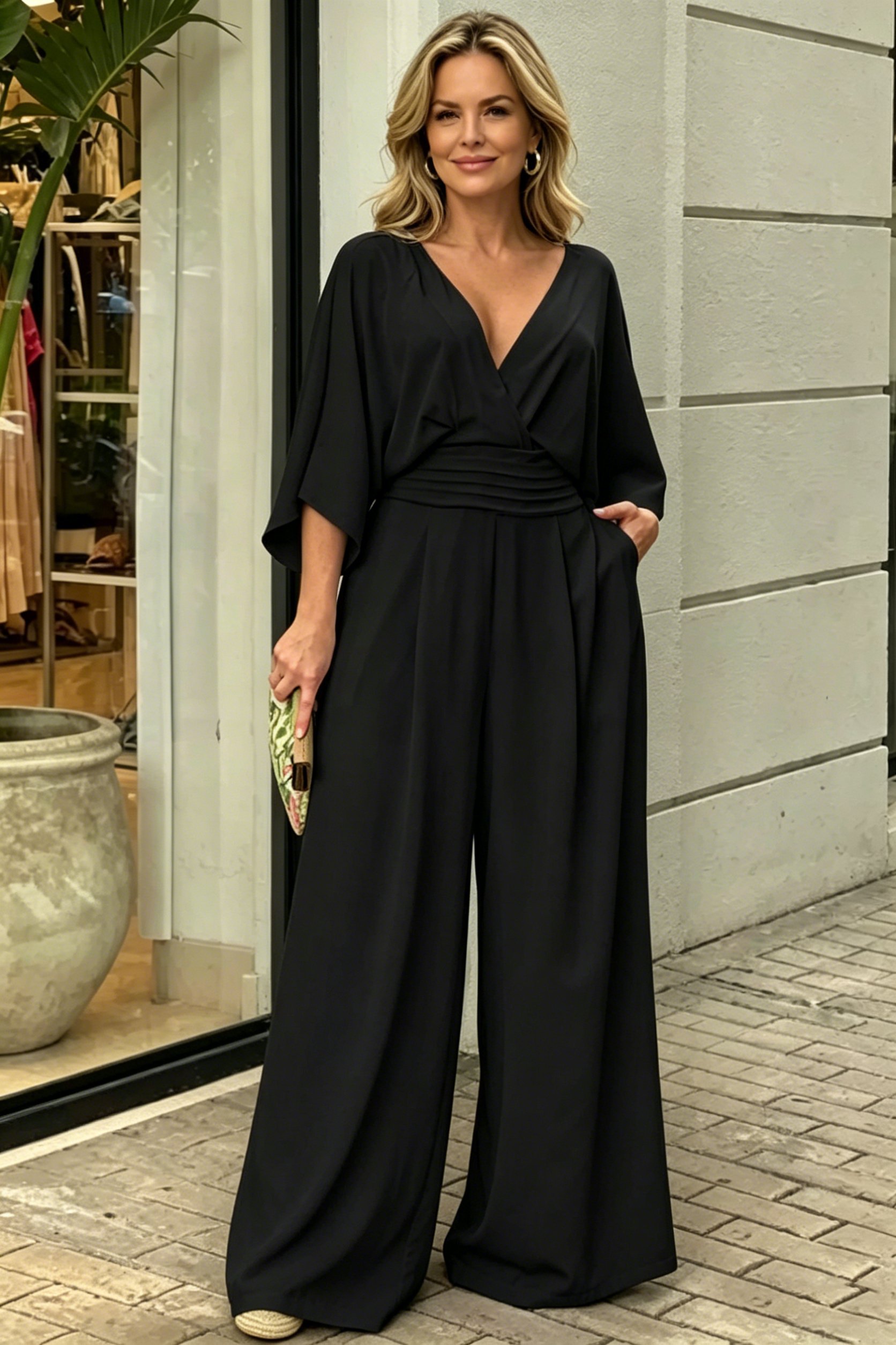 Elegant Solid Color V-Neck Jumpsuit – Effortless Style for Every Occasion