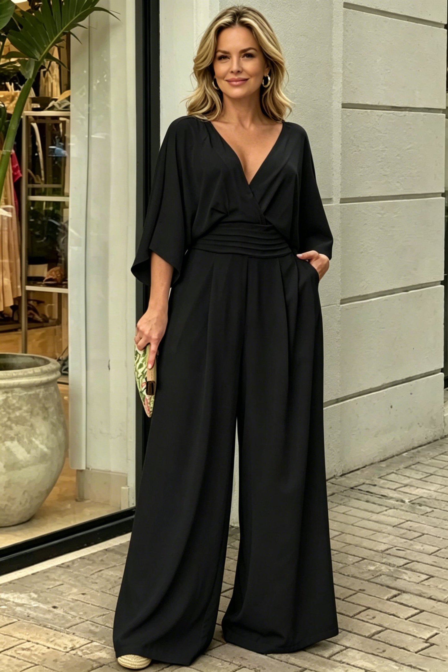 Elegant Solid Color V-Neck Jumpsuit – Effortless Style for Every Occasion