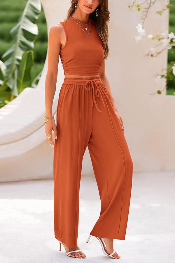 Women’s Ribbed Knit Crop Top & Wide-Leg Pants Set