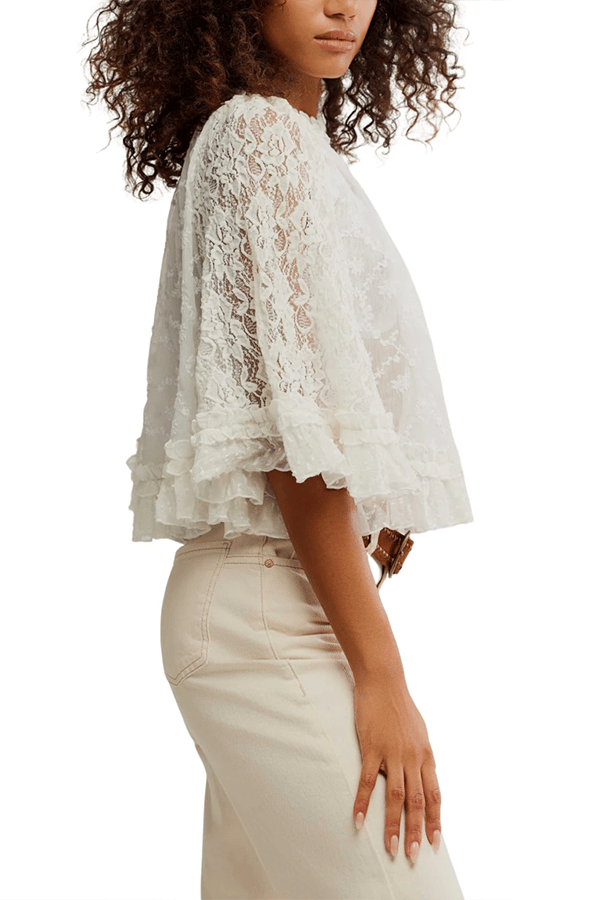 Women's Lace Sheer Top — Semi-Sheer, Draped, Openwork Shirt (Ruffled Sleeves)