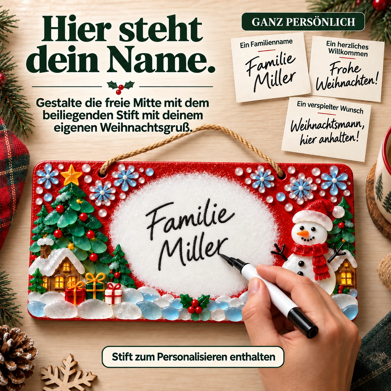 Beschriften der freien Schildmitte mit dem beiliegenden Stift