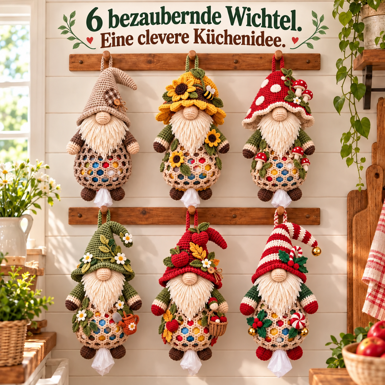 Sechs gehäkelte Wichtel-Tütenspender an Wandhaken in der Küche