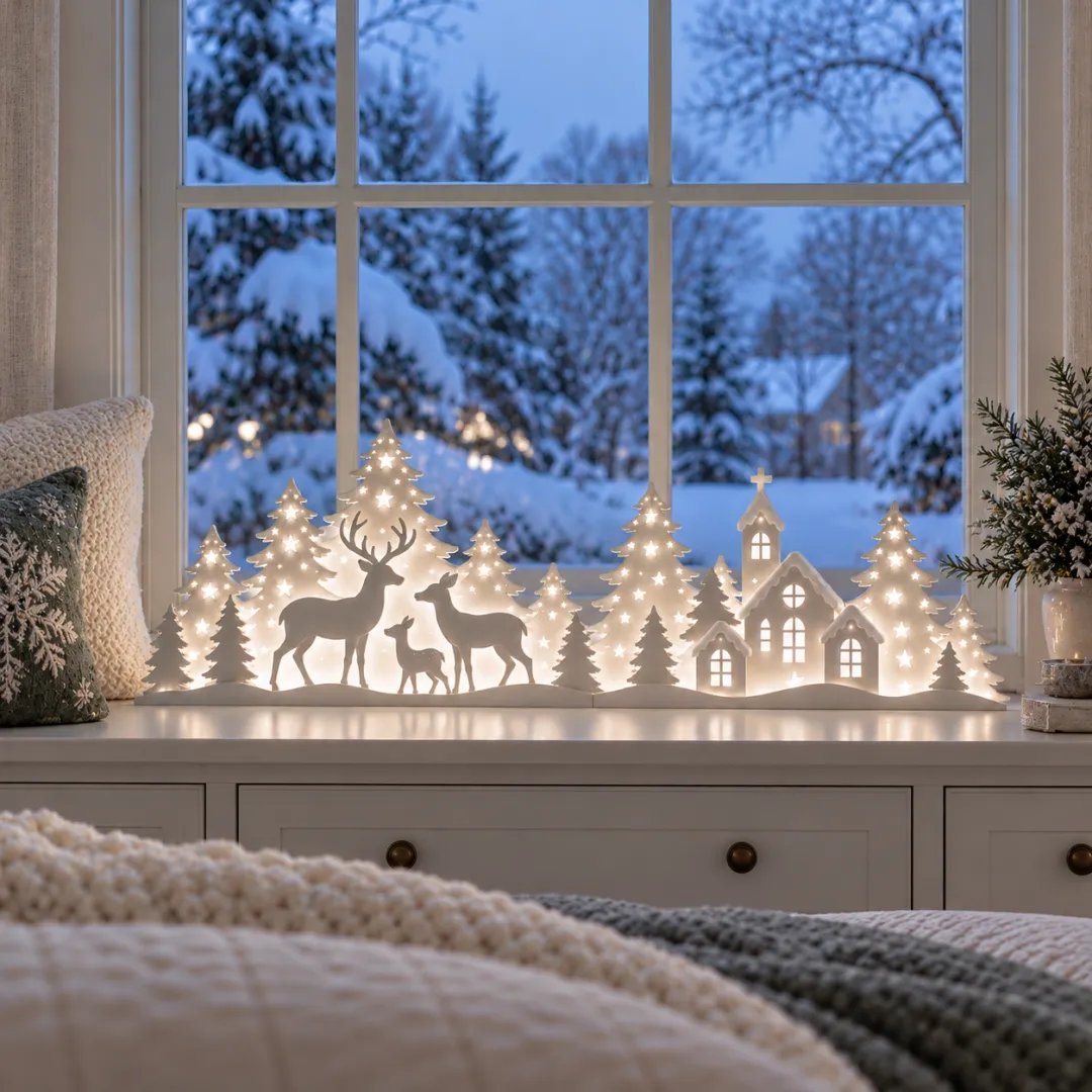 LED-Weihnachtsdekoration mit Hirschen und Dorf fürs Fenster