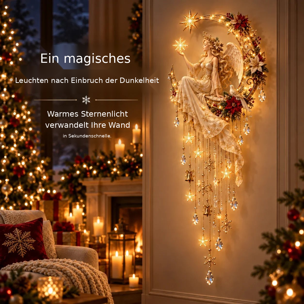 Schlankes Wanddesign mit Engel und Mondsichel in voller Länge, mit langen herabhängenden Sternenquasten