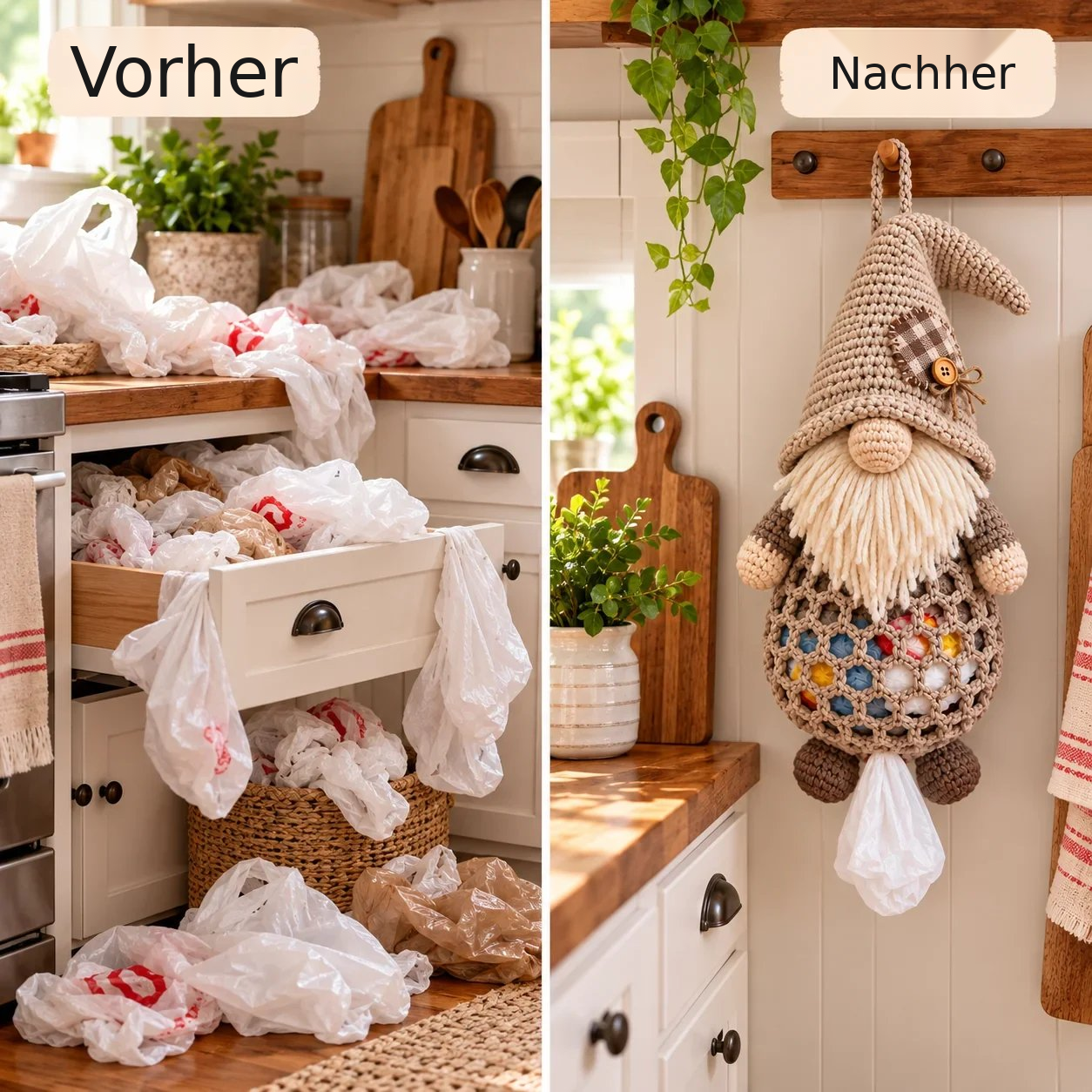 Vorher-Nachher-Vergleich einer unordentlichen Schublade mit Plastiktüten und eines fertigen Wichtel-Tütenspenders