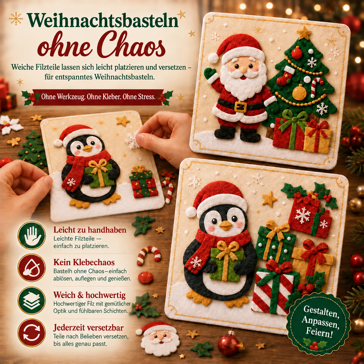 Weihnachtsmann und Pinguin aus Filzteilen mit Klettbefestigung