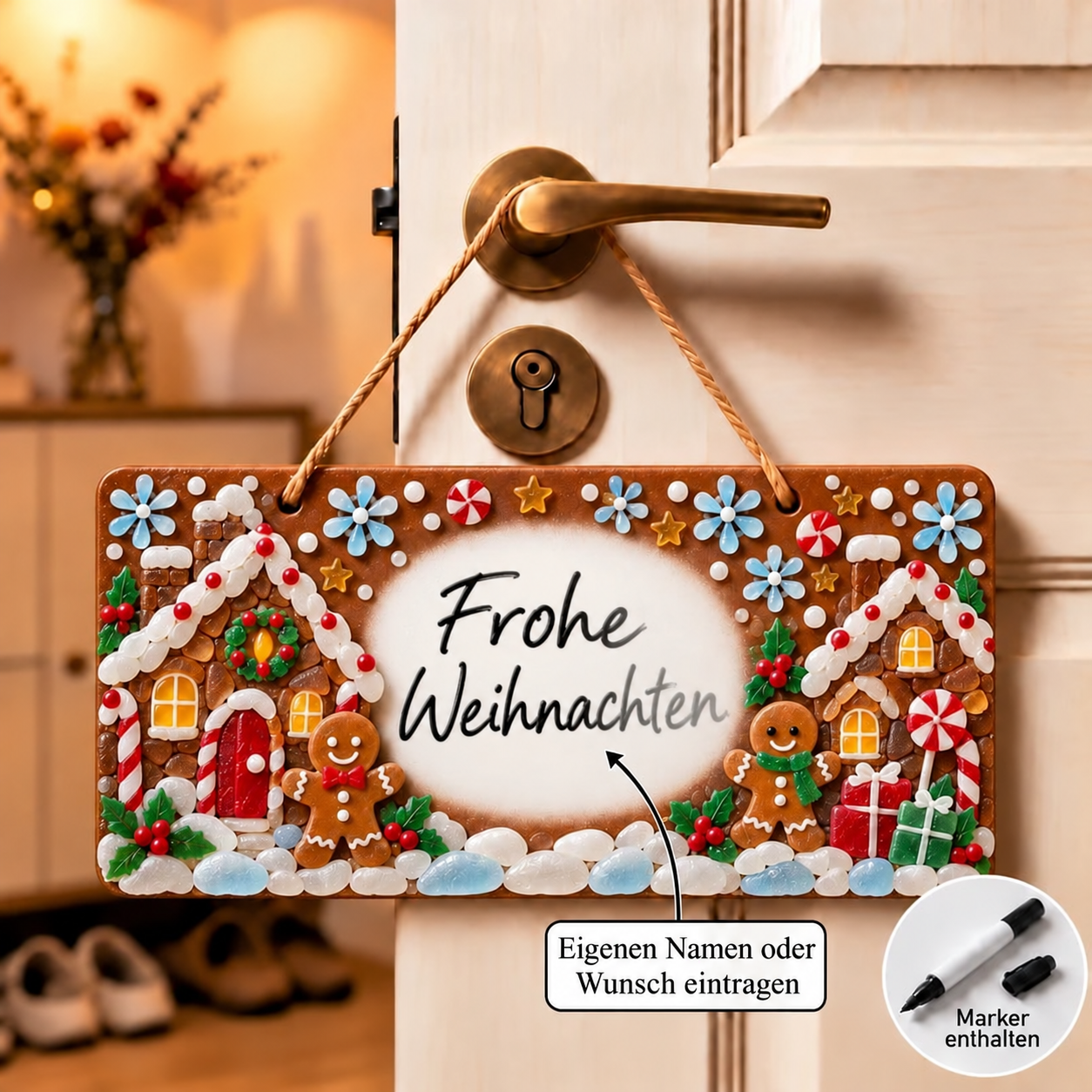 Meerglas-Weihnachtsschild in der Variante Weihnachtliches Lebkuchenhäuschen