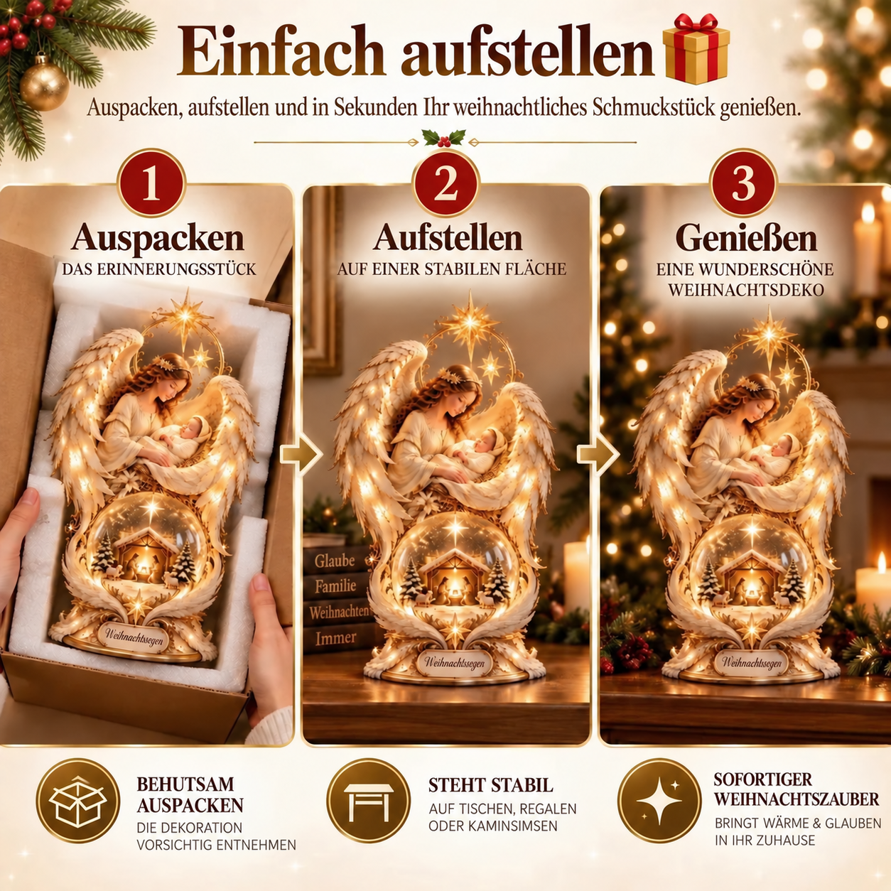 Nahaufnahme der Engelsflügel und herabfließenden Details der Weihnachtskrippe