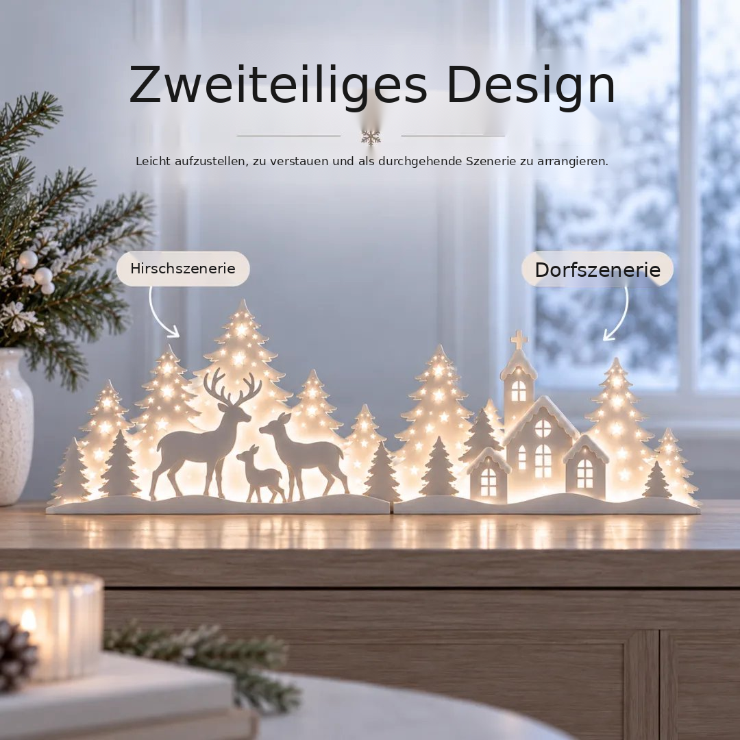 Detail der LED-Weihnachtsdekoration mit Hirschen und Dorf fürs Fenster