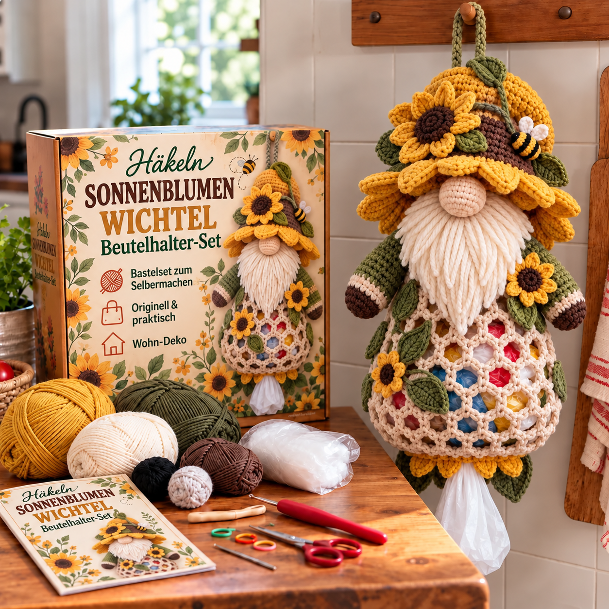 DIY-Häkelset für einen Tütenspender als Sonnenblumenwichtel