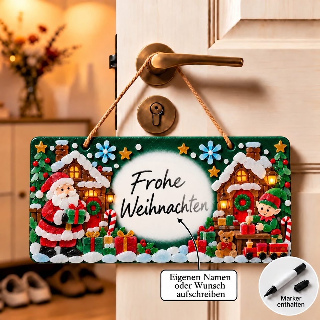 Meerglas-Weihnachtsschild in der Variante Die fröhliche Weihnachtswerkstatt