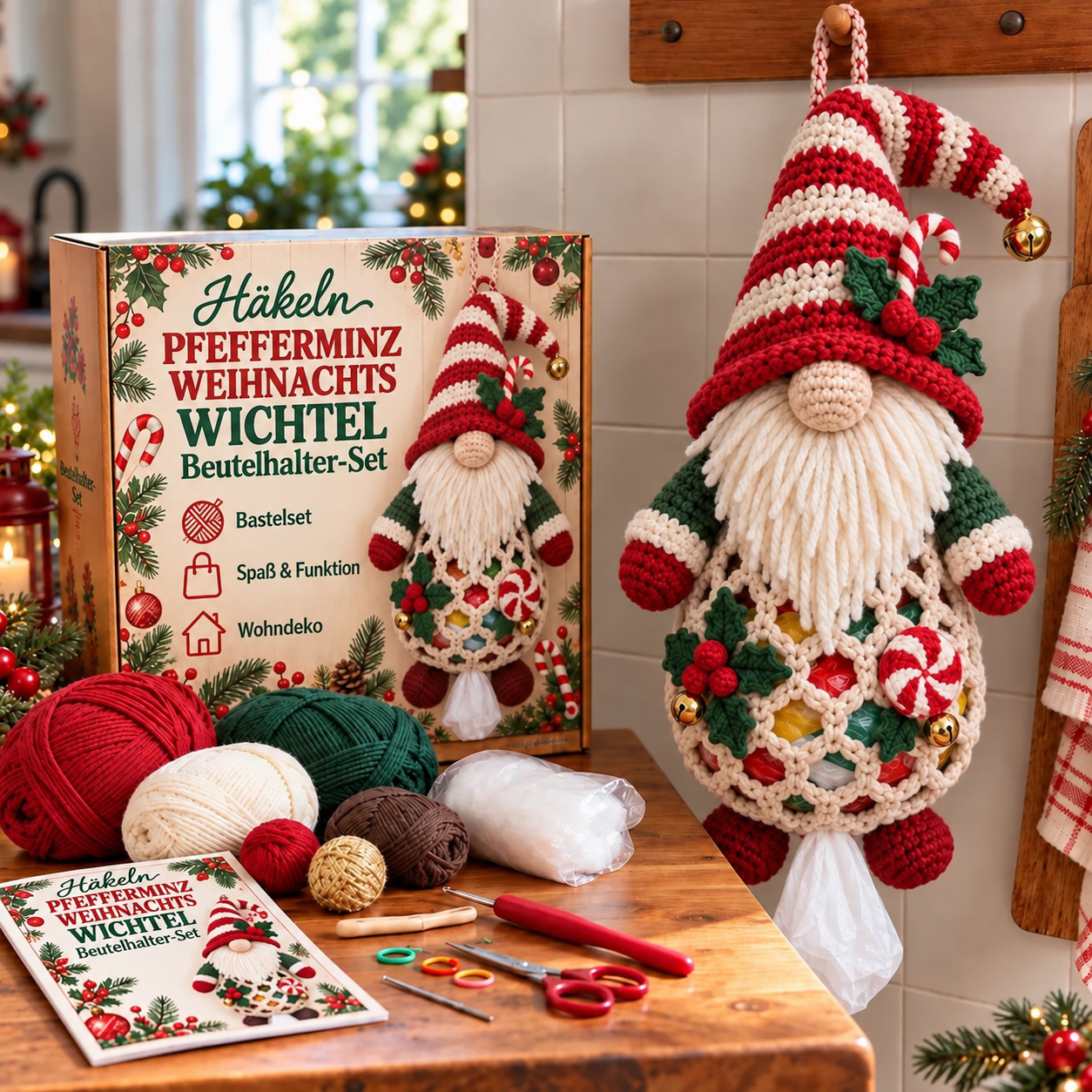 DIY-Häkelset für einen Tütenspender als Weihnachtswichtel